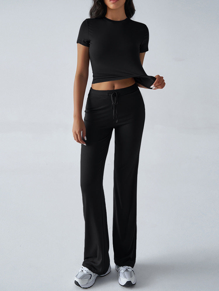 SpringSummer Elegant Solid Color Crew Neck Short Sleeve Top And Pants Set