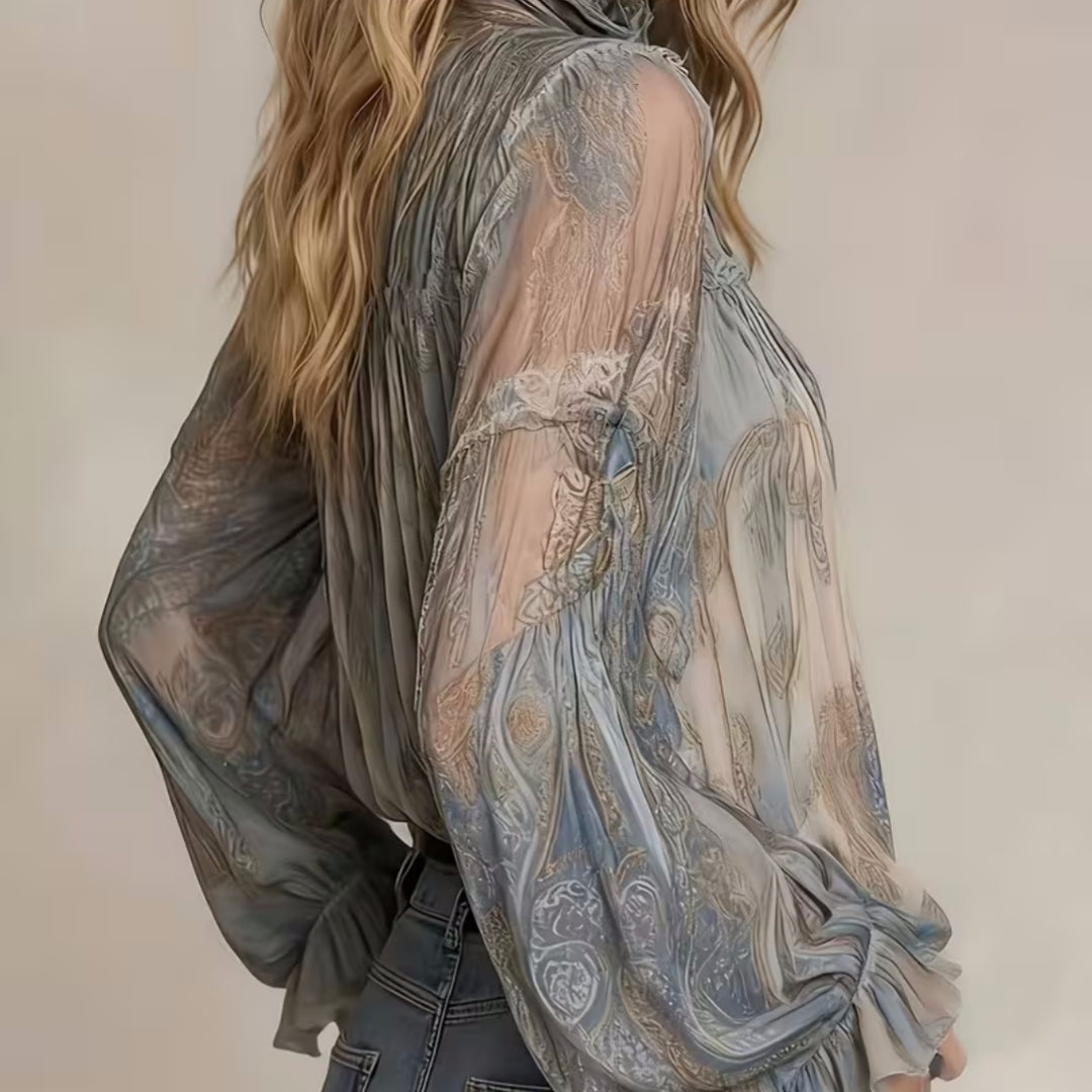 Womens Retro Long-Sleeve Stand-Neck Lace-Up Ruffle Flare-Sleeve Shirt