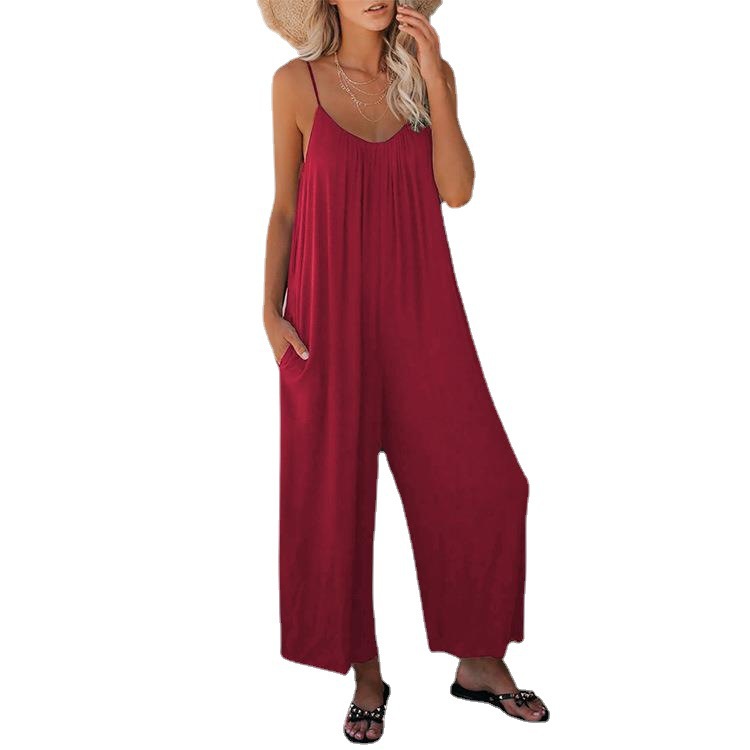 Women's Fashion Solid Color Pocket Loose Casual Sling Jumpsuit