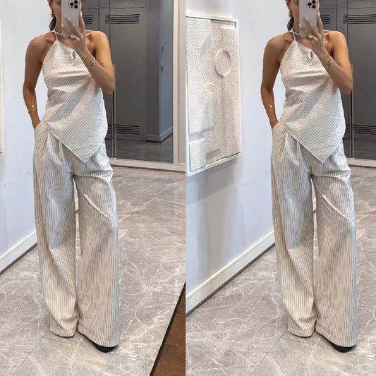 Off-shoulder Striped Irregular Top And Pants Two-piece Set