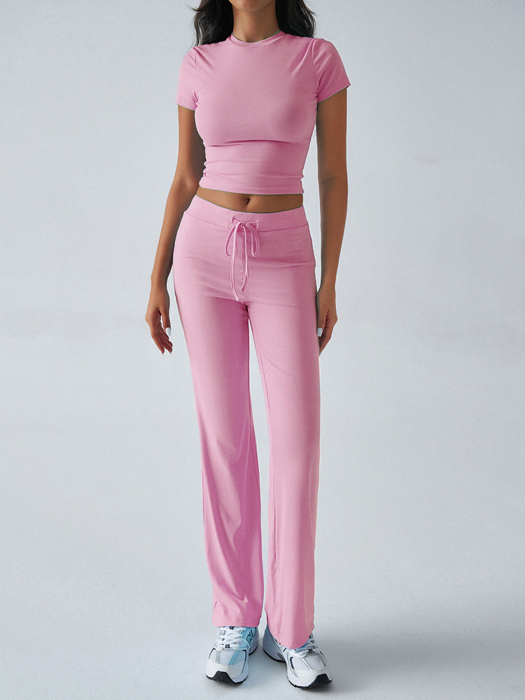 SpringSummer Elegant Solid Color Crew Neck Short Sleeve Top And Pants Set