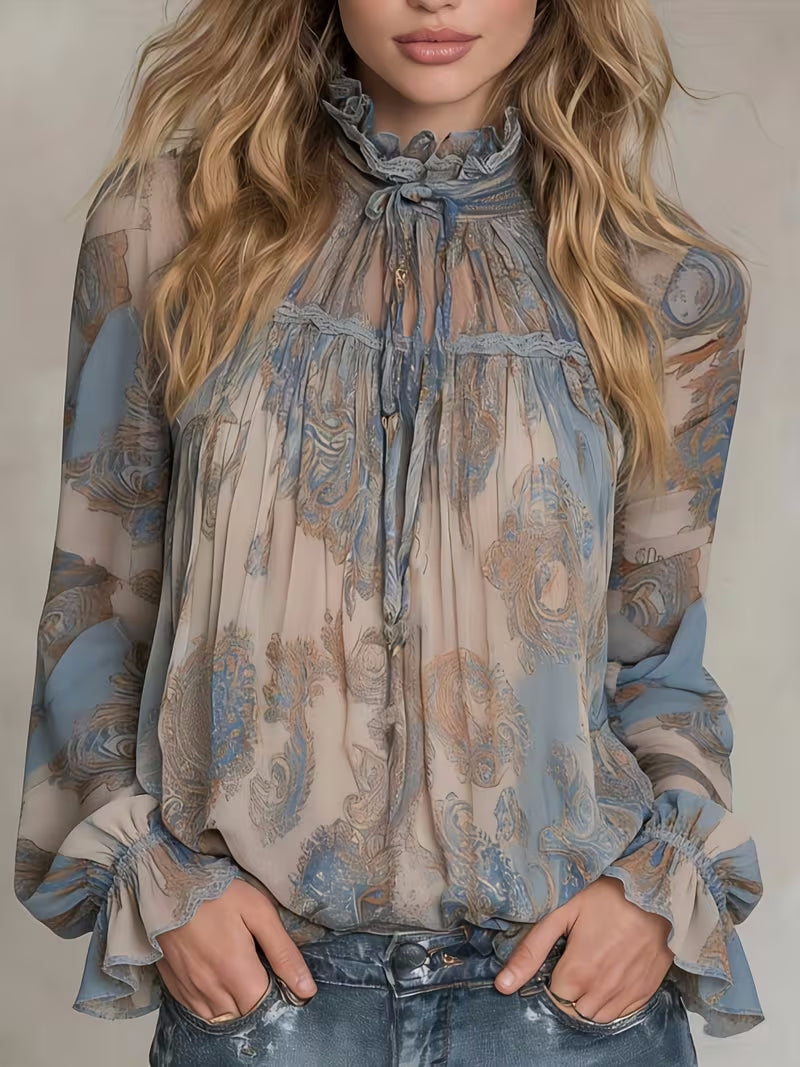 Womens Retro Long-Sleeve Stand-Neck Lace-Up Ruffle Flare-Sleeve Shirt