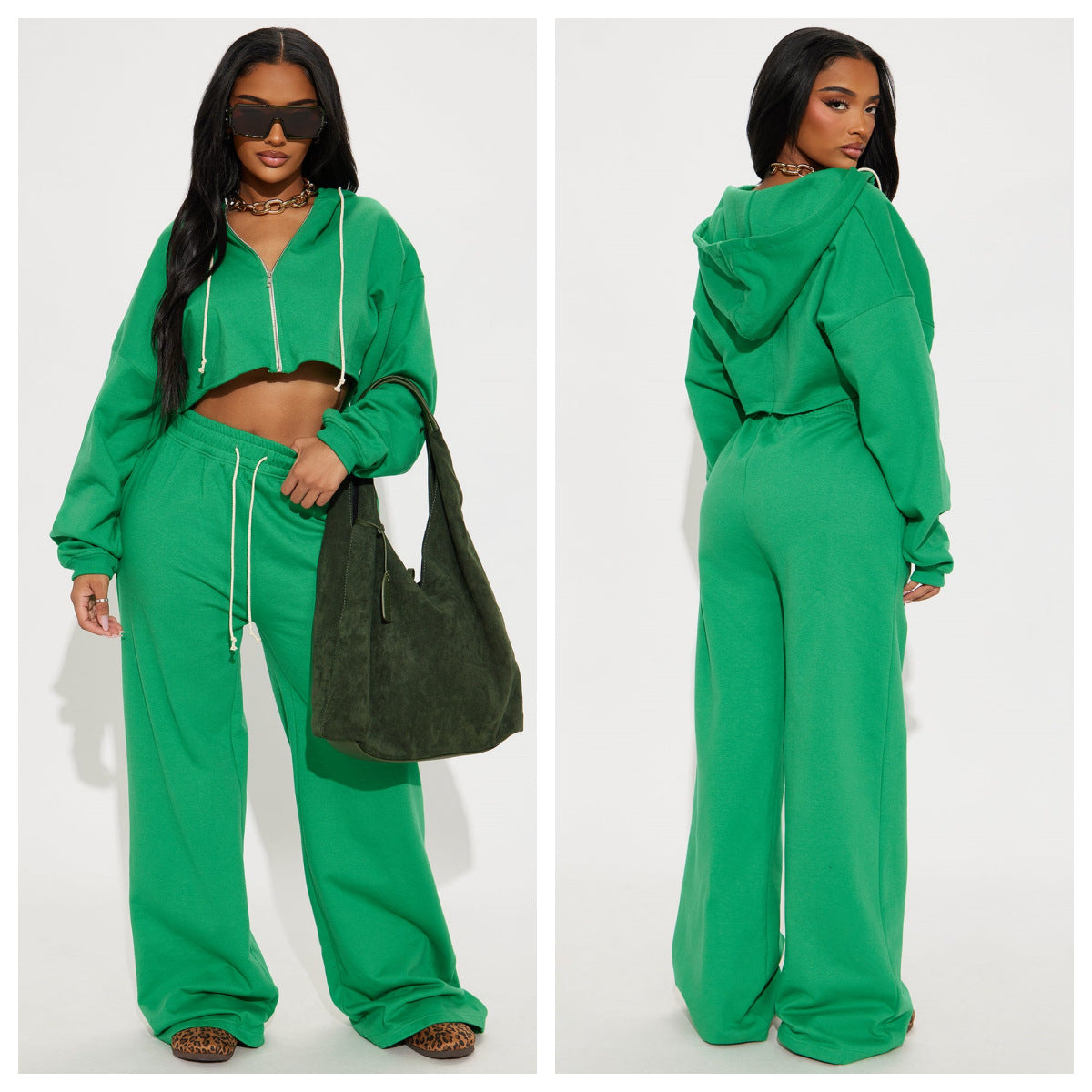 Stylish Casual Two-piece Set Featuring A Hooded Cardigan And Wide-leg Pants