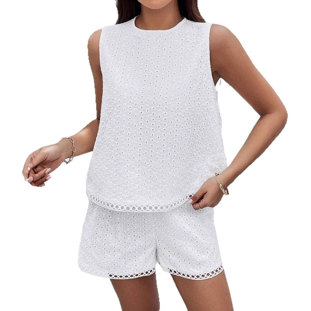 Womens Solid-Color Backless Embroidered Tank Top And Shorts Set