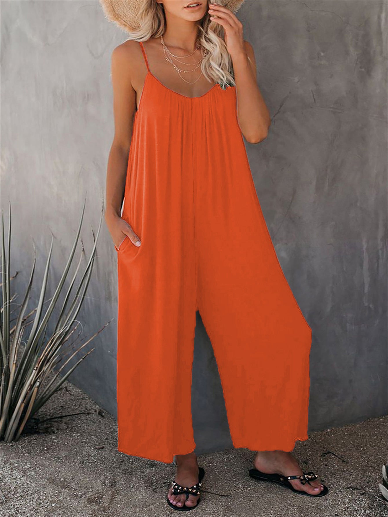 Women's Fashion Solid Color Pocket Loose Casual Sling Jumpsuit