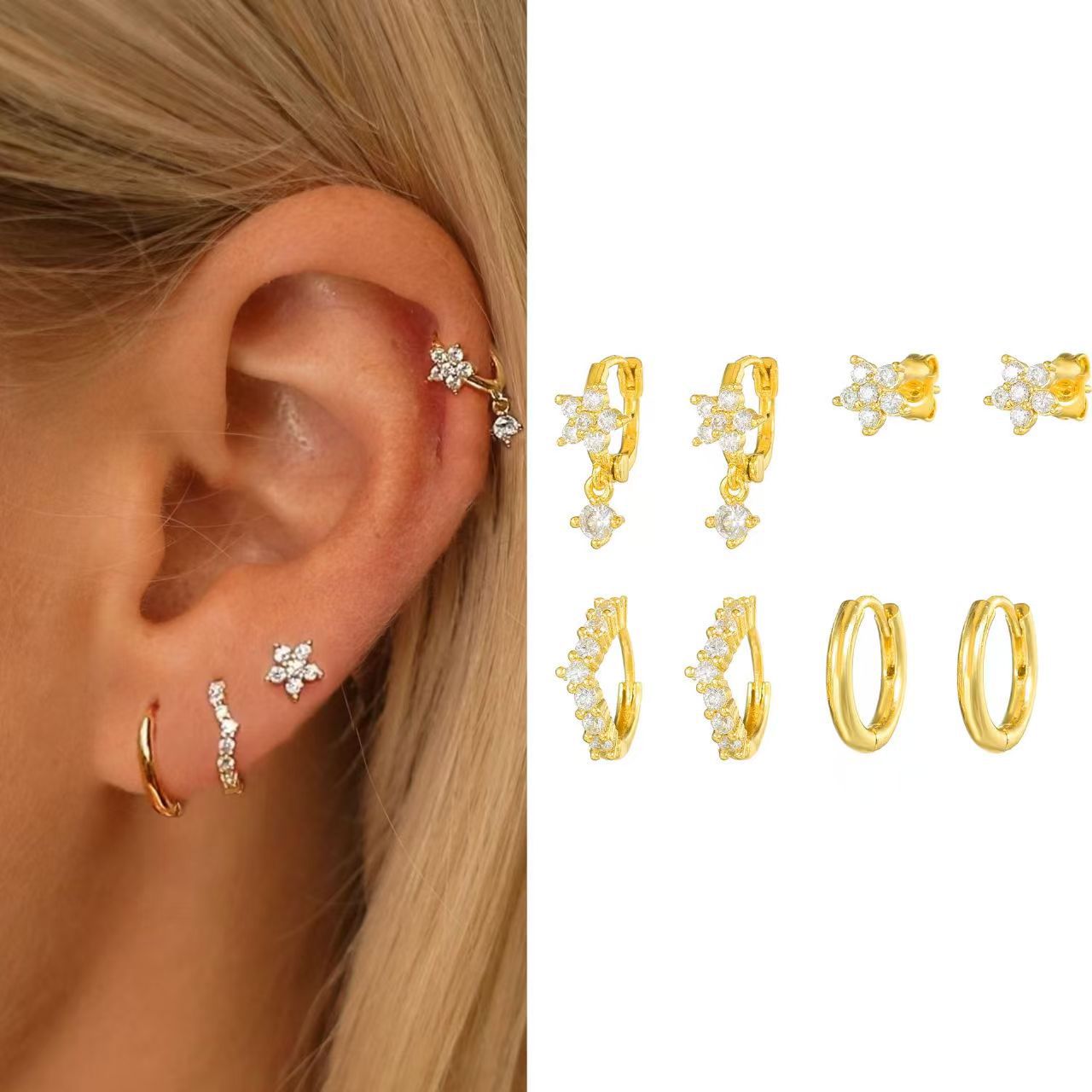 Four-Piece Zircon-Encrusted Flower Earrings For Women