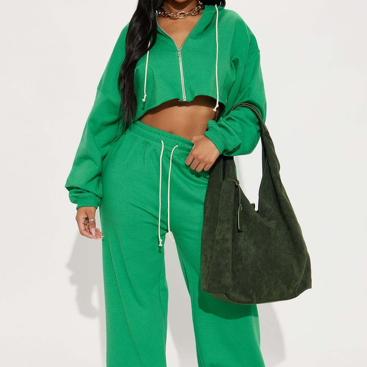 Stylish Casual Two-piece Set Featuring A Hooded Cardigan And Wide-leg Pants