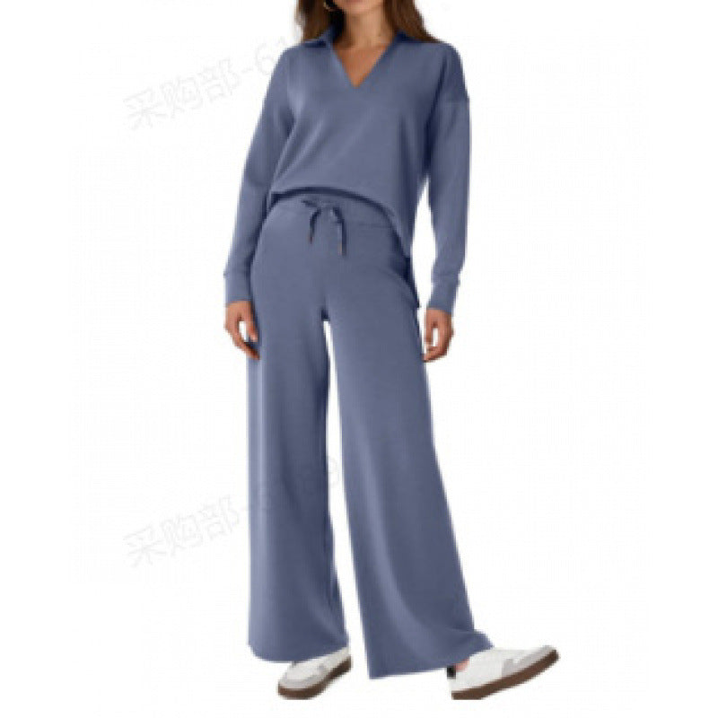 Women's Tracksuit Sports Suit V-neck Long-sleeved Pullover Top And Drawstring Straight-leg Trousers Casual Solid Trousers Set