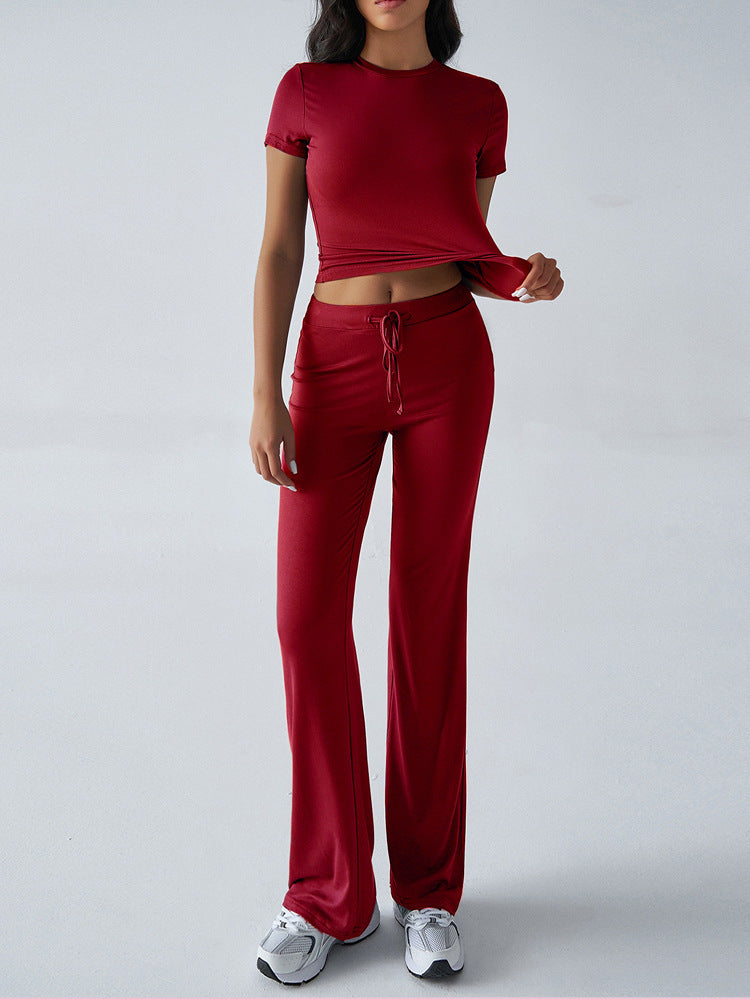 SpringSummer Elegant Solid Color Crew Neck Short Sleeve Top And Pants Set