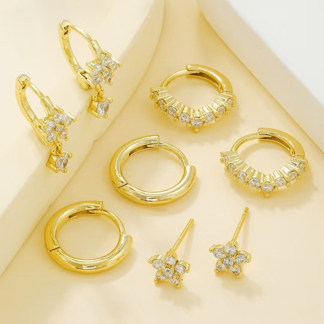 Four-Piece Zircon-Encrusted Flower Earrings For Women