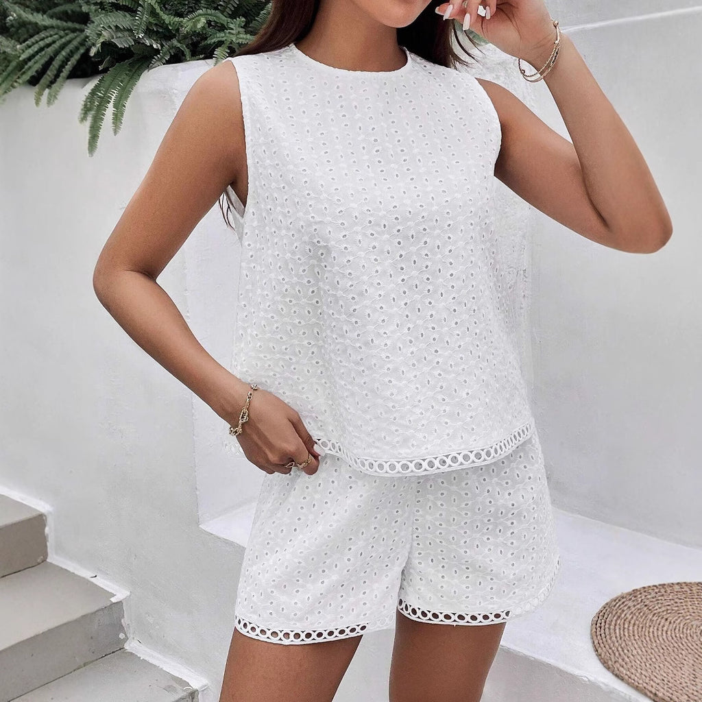 Womens Solid-Color Backless Embroidered Tank Top And Shorts Set