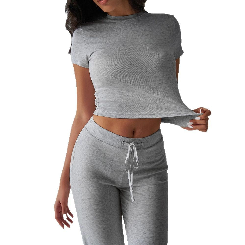 SpringSummer Elegant Solid Color Crew Neck Short Sleeve Top And Pants Set