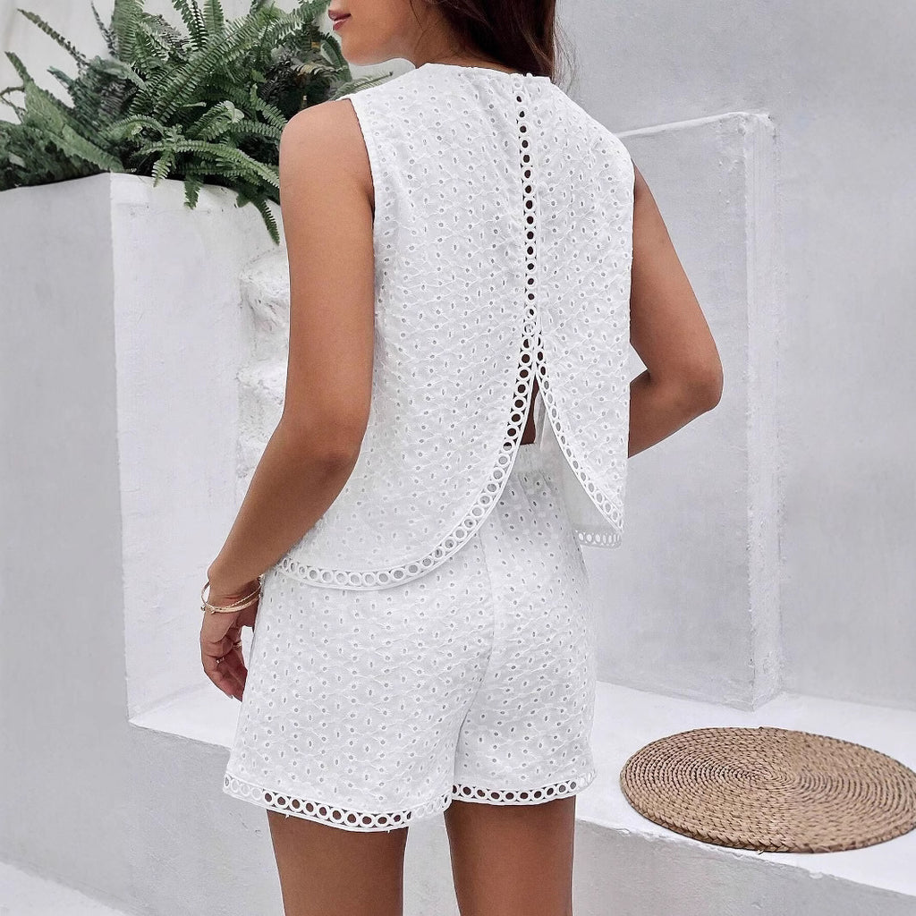 Womens Solid-Color Backless Embroidered Tank Top And Shorts Set