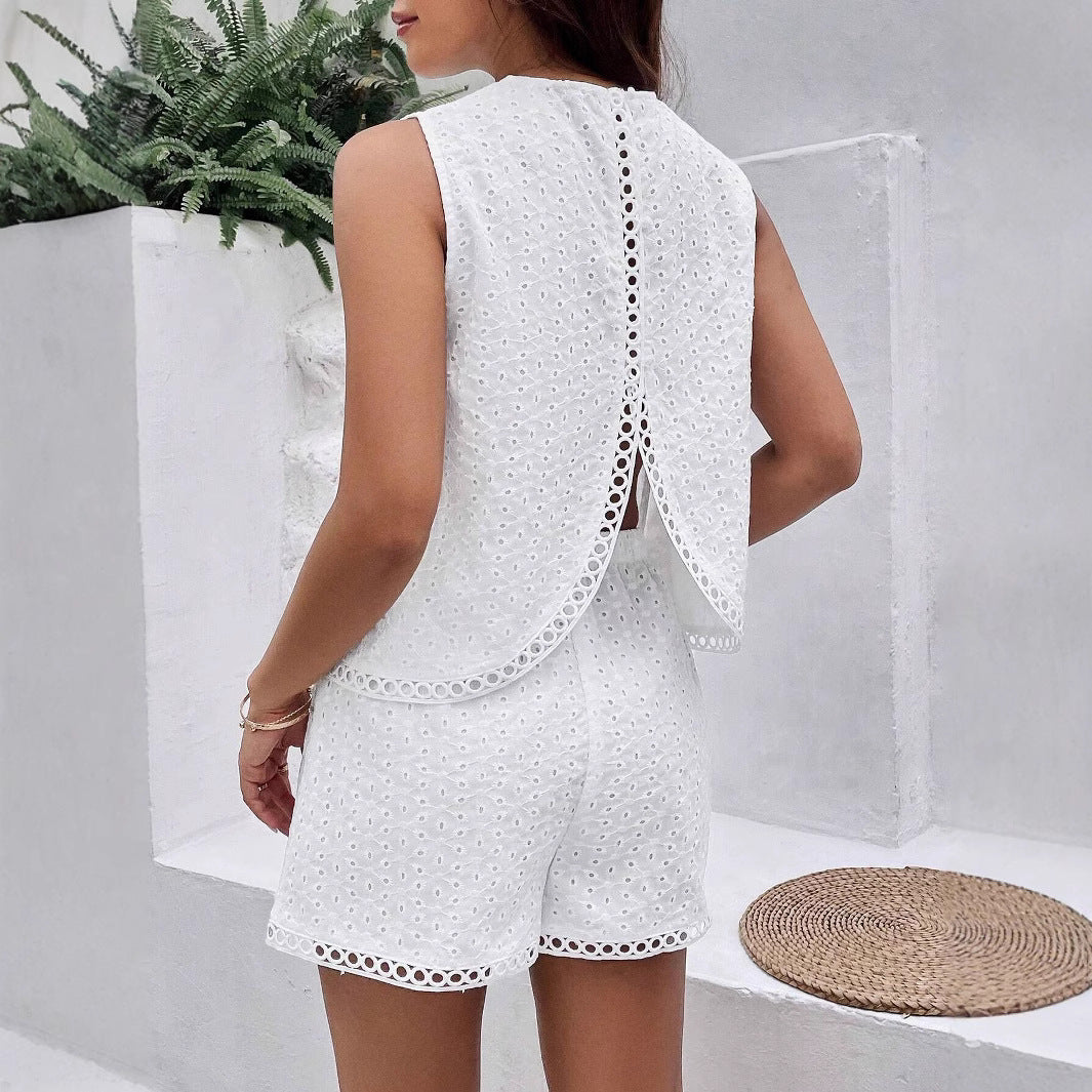 Womens Solid-Color Backless Embroidered Tank Top And Shorts Set