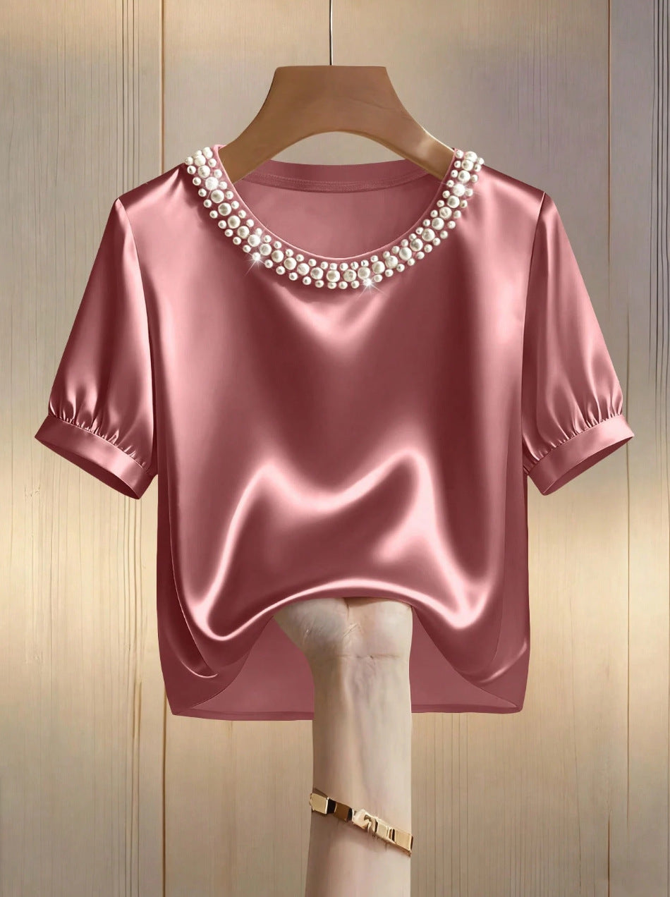 French-style Satin Pearl-collar Short Sleeves