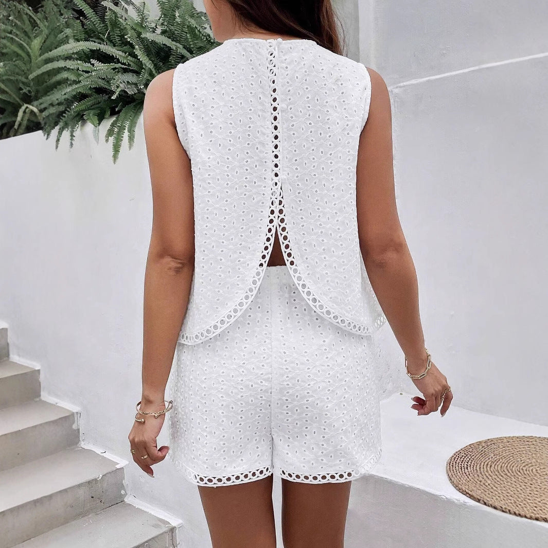 Womens Solid-Color Backless Embroidered Tank Top And Shorts Set