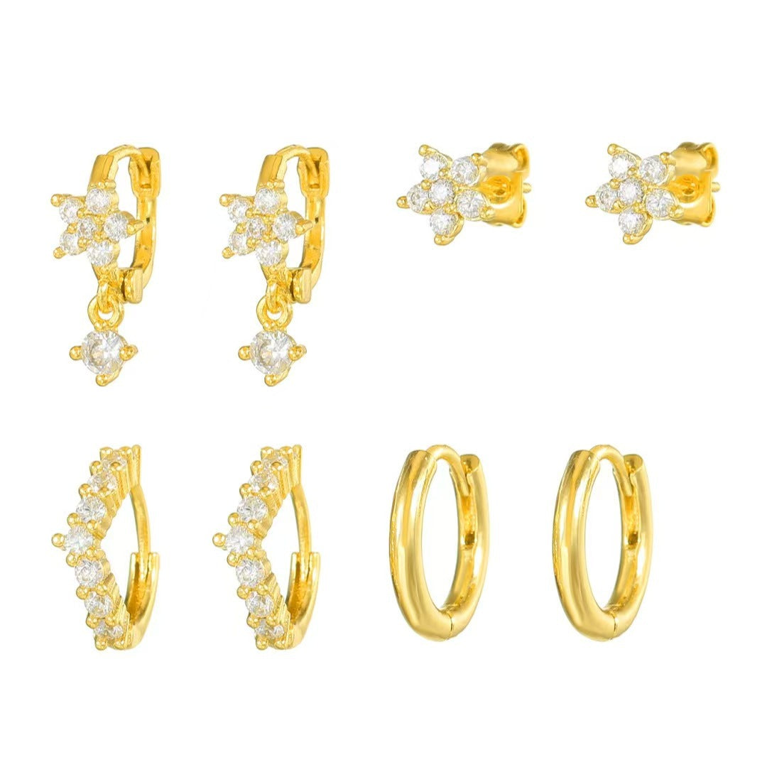 Four-Piece Zircon-Encrusted Flower Earrings For Women