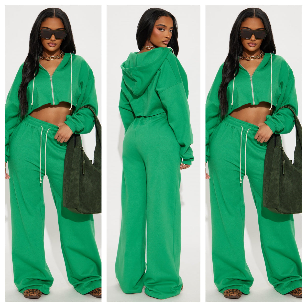 Stylish Casual Two-piece Set Featuring A Hooded Cardigan And Wide-leg Pants