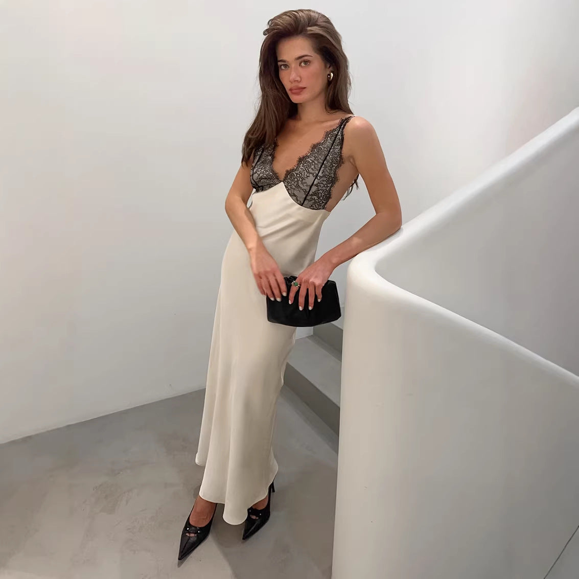 New French-style Lace-and-satin Patchwork Dress