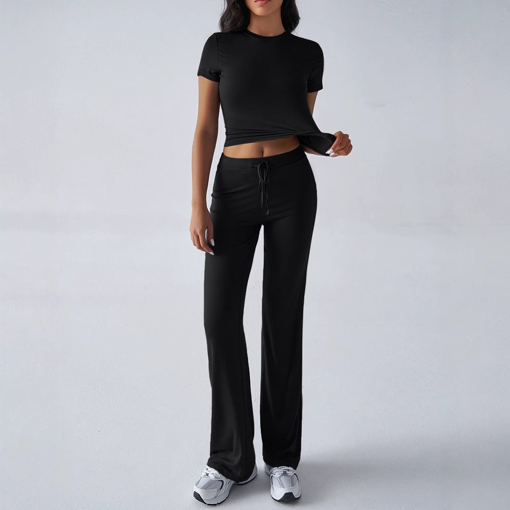 SpringSummer Elegant Solid Color Crew Neck Short Sleeve Top And Pants Set